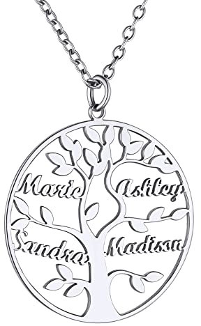GoldChic Collier Personnalise 4 Prenoms des Enfants Cadeau Maman Pendentif Femme Arbre de Vie Généalogique Famille Fêtes des Mères Chaine Forcat Acier 50 cm Bijoux Anniversaire Mariage Meilleur Amie