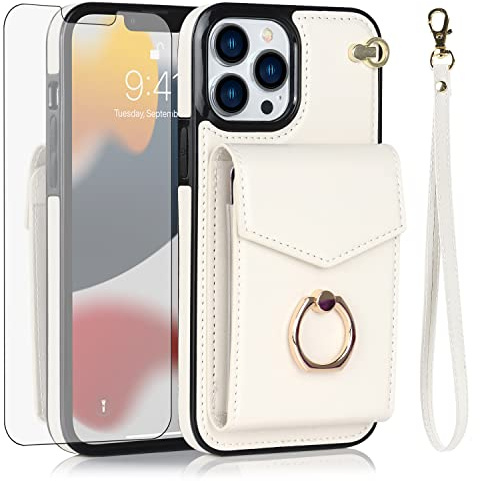Asuwish Phone Case for iPhone 13 Pro 6.1 inch Wallet Cover with Tempered Glass Screen Protector and RFID Ring Stand Credit Card Holder Cell iPhone13Pro 5G i i-Phone i13 iPhone13 13Pro Women Off White