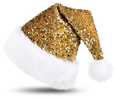 KONVINIT Weihnachtsmütze Erwachsene Nikolausmütze Weihnachtsmann Mütz mit Glitzer Pailletten und Plüsch Rand Santa Claus Mütze für Christbaumspitze Festliche Weihnachtsfeier Tannenbaum,gold