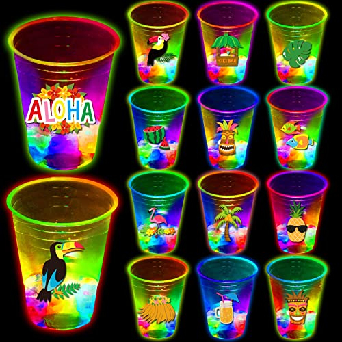 mishunyus Lot de 24 gobelets de fête hawaïens phosphorescents - Tiki clignotants - Décorations de fête hawaïennes (473 ml)