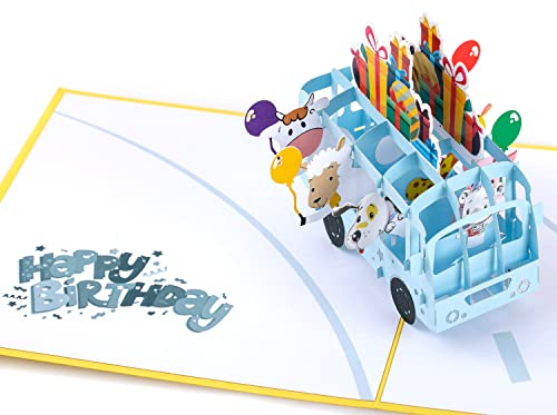 HAPPY GIFTERS Bus Pop Up Geburtstagskarte - Geburtstags Geschenke 3D Pop Up Überraschung Handgemachte Geschenkkarten für Frauen, Männer und Kinder - Unisex Pop-up Geburtstagsgeschenk mit Umschlag