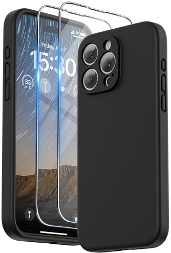 SURPHY Design for iPhone 15 Pro Max Case, Liquid Silicone [2 x Screen Protectors & 1 x Lanyard] Protection for Each Lens Shockproof Cover for iPhone 15 Pro Max 6.7 inch 2023, Black