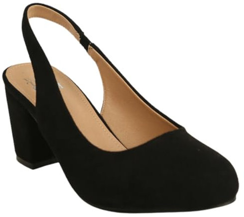Womens Mid High Block Heels Slingback Strap Court Shoes Mary Jane Ladies Comfort Work Pumps Formal Smart Office Low Heeled Strappy Slip On Dolly Wide Fit Shoes Black Faux Suede