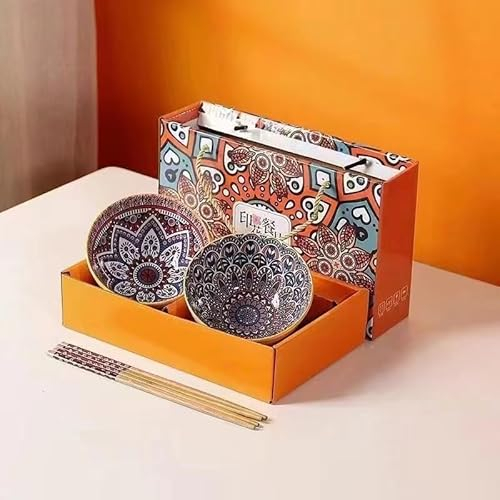 electromax Ceramic Serving Bowls, Chinese Rice Bowl with Gift Box, Japanese Pottery Bowls, Porcelain Serving Bowls for Rice, Soup, Dessert, Snack, 10oz/300ml, (2Pcs Set, Blue/Orange Pottery)