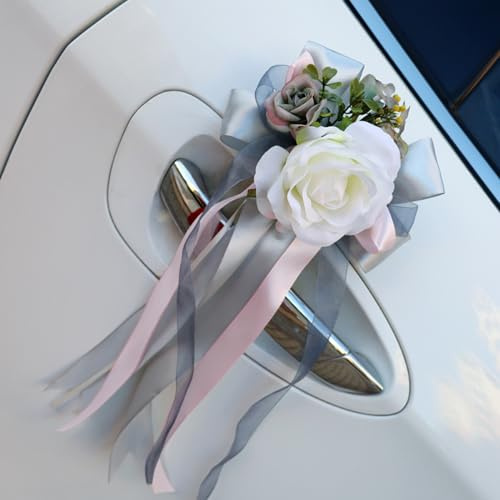 Whakano Set of 4 Pink/Grey Artificial Rose Wedding Car Decorations