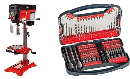 Einhell Taladro de columna TE-BD 750 E (750W, 450-2500 min-1, control veloc. variable, portabrocas de acción rápida para brocas 1-16mm, toma MK2, mesa ajustable + Set de 101 piezas