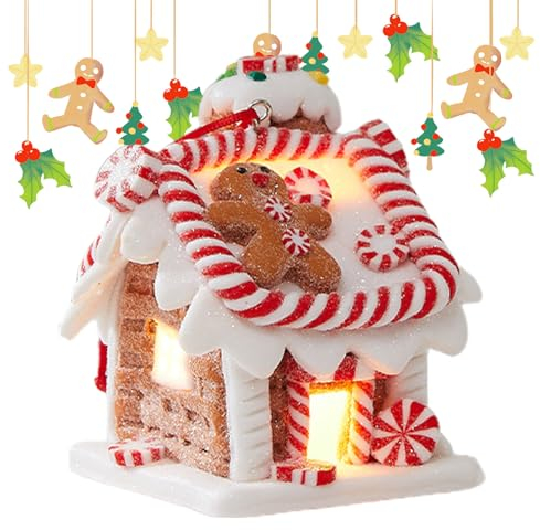Weihnachts-Lebkuchen-Kleinhaus-Anhänger | Leuchtender Weihnachtsbaumschmuck | Märchen-Süßigkeitenhaus aus weichem Ton für Türgriff-Fenster-Display Meindin