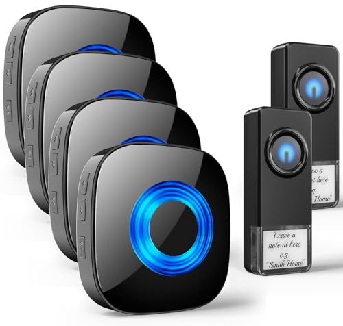 PHYSEN Funkklingel, Türklingel Funk Set, IP55 Aussen Wasserdicht, Kabellose Türklingel 400m Reichweite, Haustür Klingel kit mit 4 Plug-In-Empfänger und 2 Sender, 58 Melodien doorbell Mit LED-Blitz