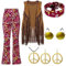 Sechsteiliges Set für Damen, Karneval, 70er-, Hippie-Party, Retro-Kleidung, Quastenweste + Hose + Kopftuch + Ohrringe + Brille + Halskette Jogginganzüge (Wine, S)