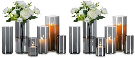 Glasseam Vase Cylindrique en Verre Gris : 12pcs Vases à Fleurs Modernes pour Centre De Table - Bougeoirs Ouragan DéCoratifs Vase à Tulipes en Herbe De La Pampa pour Fleurs (10/15/20cm)