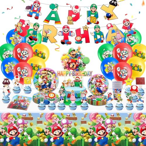 Stoviglie per Feste di Compleanno Kit 85Pezzi, Decorazione Stoviglie di Compleanno Includere Piatti Carta, Striscioni, Tovaglioli, Bicchieri Carta, Tovaglie, Palloncini, Toppers