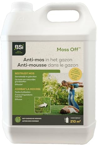 BSI - Natürlicher Moosentferner Moss Off für den Rasen, 5 l, schnelle Wirkung auf Algenflechten, deckt 210 m² Fläche ab