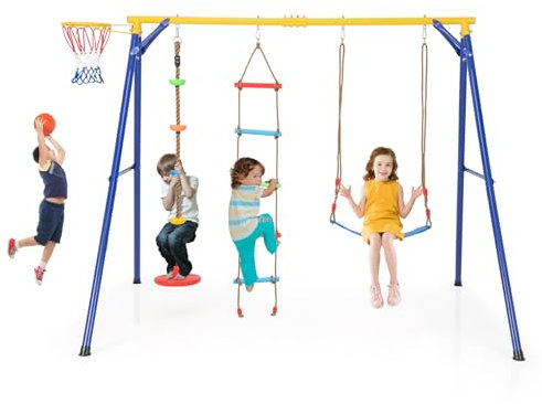 DREAMADE 4 en 1 Ensemble de Balançoire Enfant Exterieur,Portique Balançoire en Métal avec Corde à Grimper,Échelle de Corde,Panier Basket-Ball,Balancoire Réglable,Aire de Jeu Enfant3-9Ans Charge 300KG