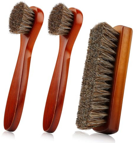 Shoe Polish Brush Set - 3 Piece Boot Cleaning Kit With Horse Hair Brush for Leather, Care Clean Dauber Applicators