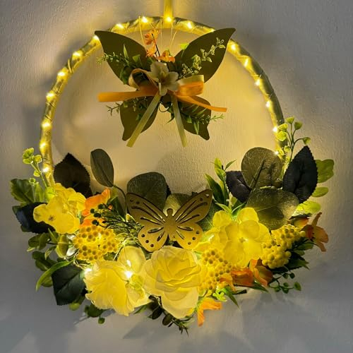 Dekokranz, Türkranz mit LED-Beleuchtung zum Aufhängen für Frühling & Sommer mit Timer, künstlichen Blumen und Schmetterlingen - Für außen geeignet (Gelb)