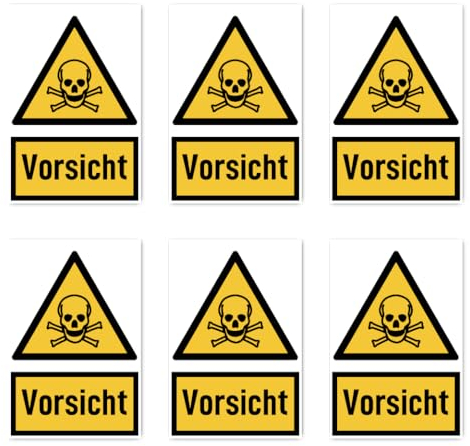Aufkleber: 75x50 mm, 6 Stück - Signalwort Vorsicht vor giftigen Stoffen - Warnzeichen mit Text (deutsch) (gelb/schwarz) - hochkant - W016 - DIN EN ISO 7010 / ASR A1.3