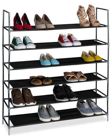 Relaxdays Schuhregal, 6 Ebenen, HBT: 108x100x28 cm, Metall Schuhablage, Stoff Ablage, Schuhgestell, schwarz/transparent