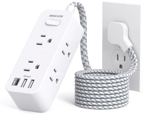 Flat Plug Power Strip, Flat Extension Cord, 5ft Ultra Thin Flat Plug Extension Cord - 6 AC with 3 USB Ports(1 USB C), Wall Mount, 3-Side Power Strip Surge Protector for Dorm Room Travel Essentials