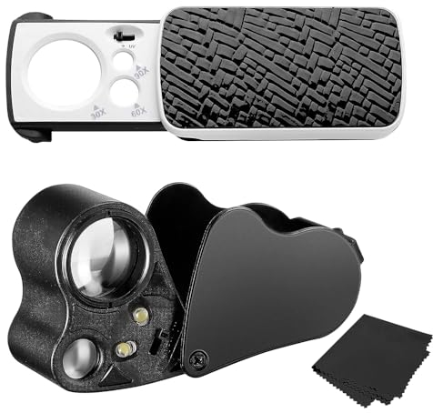 Hojalis Juwelierlupe, 2 Stücke Beleuchtete Juwelier Lupe, Tragbare Metall Faltlupe, Taschenlupe mit LED UV Licht, für Diamanten, Edelsteine, Antiquitäten, Fotos, Währungserkennung (30X60X90X)