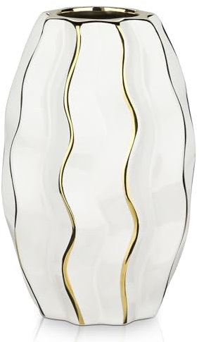 Hollyone Weiß & Gold Keramikvase für Blumen, Dekorative Blumenvase, Moderne Vertikale Streifen Vasen, Gerippte Strukturierte Welle Vase für Schlafzimmer, Büro, Wohnzimmer, Bad, Tisch Centerpiece