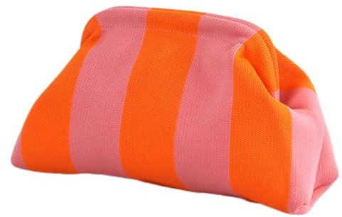 CXINLky Sommer Strand Clutch Damen, Gestrickt Gestreift Kontrastfarbe Handtaschen Klein Clutch Gewebte Tasche für Sommerstrände, Shopping, Reisen-Rosa/Orange