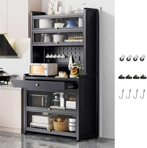 Aparador Cocina Blanc con Cajones, Armario Despensa Cocina Alto 172cm, Estante de Cocina Estante de Horno Microondas 6 Niveles con 4 Ganchos(Grey,60cm)