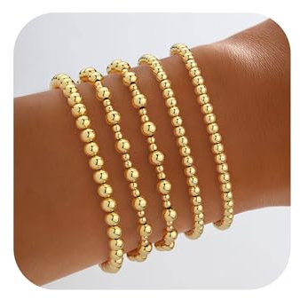 Goiern Lot de 5 bracelets pour femme, plaqué or 18 carats, bracelet de perles, ensemble de bracelets pour femme, ensemble de bracelets en argent pour femme et fille, or, L