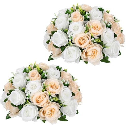2er-Set Künstliche Rosen Blumenkugel mit 30 Köpfrosen Kunstseidenblumen Blumenstrauß Blumenstrauss Rosen Bouquet für Hochzeit Zuhause Tischparty Fensterdekoration Hochzeitsmittelstücke, Weiß-Sekt