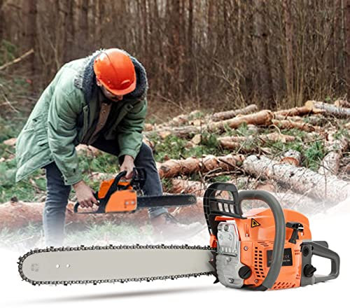 Gas Chainsaw 58cc, 20'' Bar, 2kw/8500rpm High Power, Ergonomic Handle, Petrol Chainsaw for Tree Pruning, Firewood Cutting, Land Clearing – Installation Kit, Chain, and Oil Can Inclued (Orange)