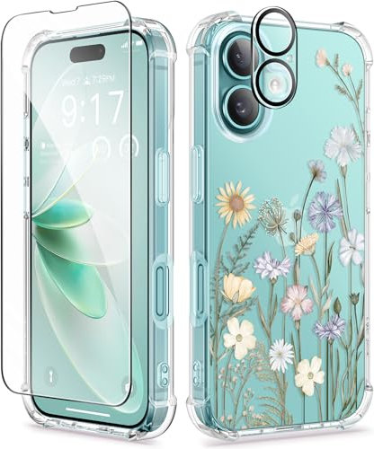GVIEWIN Kompatibel mit iPhone 16 Hülle,[Kamerasteuerung Button]mit Display& Kameraschutz,Stoßfest Fallschutz Kratzfest Klar Nicht gelb Blumen Dünn Handyhülle für Frauen, Lebendiger Frühling