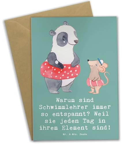 Mr. & Mrs. Panda Grußkarte Entspannte Schwimmlehrer - Geschenk, Schwimmunterricht, entspannt, glückwunschkarten, dankeskarten, Berufe, weihnachtskarten, Berufsgestaltung, Zitat, Geschenke mit Herz