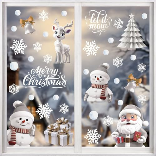 KAIRNE Weiß Weihnachts Fenster Aufkleber,Merry Christmas Weihnachten Schaufenster Deko,Rentier Elch Weihnachtsmann Fensterdeko PVC Schneemann Schneeflocke Fensterbilder für Vitrinen Glas Winter Deko