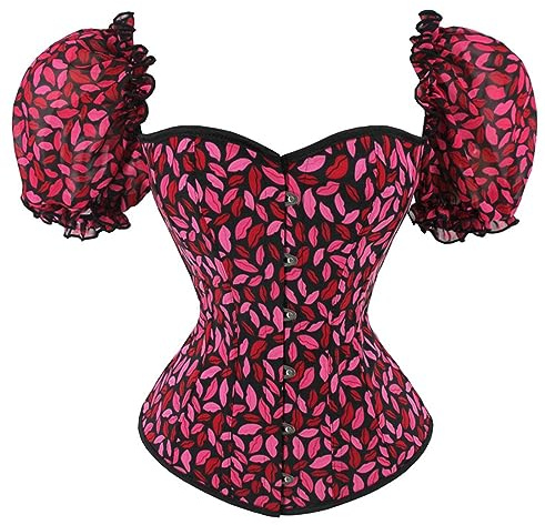 BVEBJDX Women's Red Lip Printed Corset UK Sale Clearance Ladies Puff Sleeves Overbust Bustier Vintage Gothic Corsets Ruffled Body Shaper Victorian Lace up Corset Renaissance Party Wear Tight Bustiers
