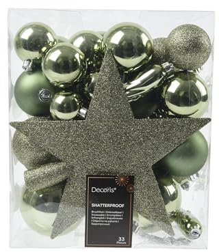 Kaemingk Weihnachtskugeln Kunststoff mit Christbaumstern 33er Set - bruchsichere Christbaumkugeln Weihnachtsbaumkugeln und Christbaumspitze - Christbaumschmuck & Weihnachtsbaumschmuck - Rosmarin