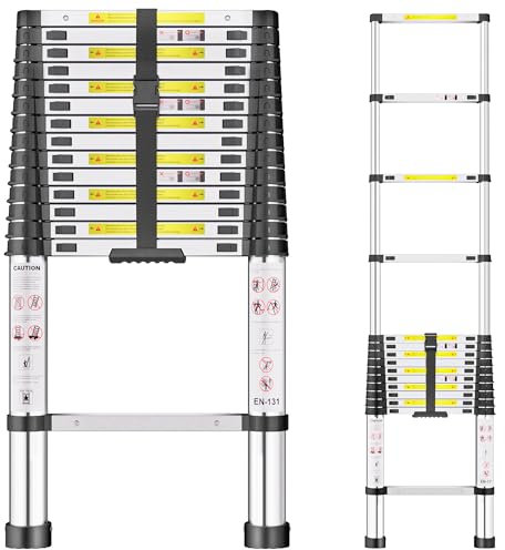 Telescopic Ladder, 4.4M Stainless Steel Thickened High-Strength Loft Ladder, Portable Ladders Extendable with Non-Slip Feet Adjustable Height for Roof Attic Caravans