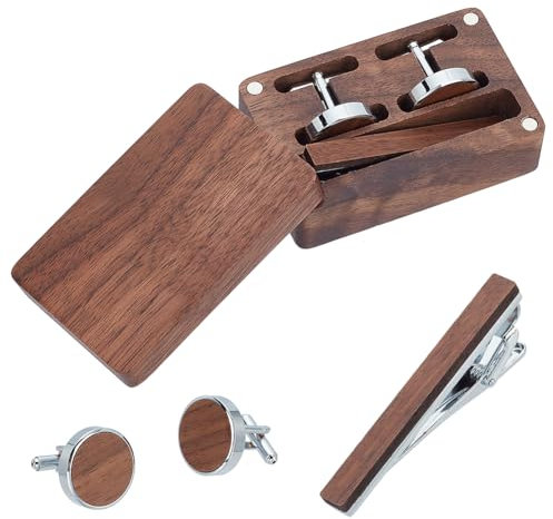 WEBEEDY Noyer Rond Boutons de Manchette Cravate Clip Set Hommes Cravate Clip Cravate Clip en Bois Cravate Clip et Boutons de Manchette Hommes Costume et Cravate,Mariage, Affaires,Cadeau Anniversaire