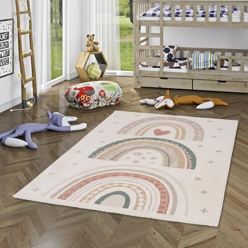 Pergamon Happy Kids Kinderteppich Lovely Rainbow Creme - Weich, Strapazierfähig & Schadstoffgeprüft - Hoch-Tief-Struktur, 100% Polypropylen, Pflegeleicht, rutschfest - Perfekt für Kinderzimmer