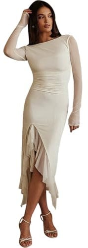AOWVUTS Women's Off-White Maxi Dress - Mesh Long Sleeves, High Waist, Ruffle, Crew Neck, Bodycon, Formal/Evening