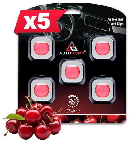 Autodomy Ambientador Coche (5 x 4ml) Olor Cereza | Ambientadores para Coche Duración hasta 150 Días | Elimina y Previene los Malos Olores | Ambientadores para la Rejilla del Aire