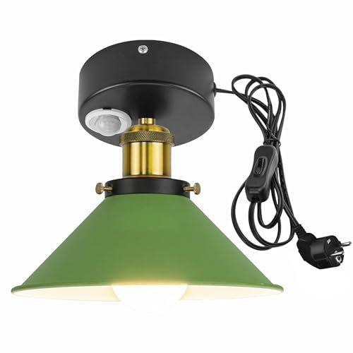 FSLiving Deckenlampe mit Bewegungsmelder Innen, Industrielles Aluminum Deckenleuchte Radar Bewegungssensor mit 4,5m Kabel und E27 Lampenfassung für Treppe Garage Flur Badezimmer,Grün