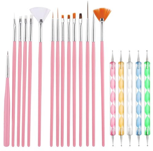 20 Pcs Lot de Pinceau Ongle Gel,15pcs Pinceaux pour Nail Art avec 5pcs Double Extrémité Nail Art Dotting Pen,Pinceaux à Ongles de Vernis à Ongles en Acrylique pour Décoration DIY Nail Art Design