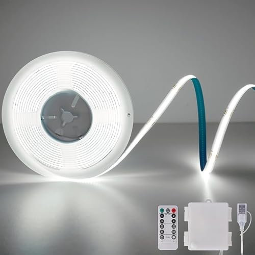 COB LED Strip Lights, Battery Operated with Remote Control, 2 m 640 LED Light Strip, Dimmable, Cuttable, Flexible LED Strip Light for TV, Computer, Car Decoration, 6000 K Cool White