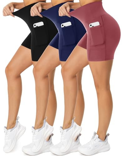 iaoja Biker-Shorts für Damen, mit Taschen, 12,7 cm, Bauchkontrolle, Fitness, Athletik, Workout, Laufen, Yoga, Fitnessstudio, 3 Stück, 03 Schwarz, Marineblau, Dunkelrosa, S/M