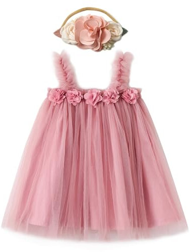 Miipat Vestito da Bambina Tulle Bambino Ragazze Abitini Tutu Principessa con Fascia per Capelli Abiti per Festa di Compleanno Smash Torta Fotografico Abbigliamento Rosa Scuro 80 12-18 Mesi