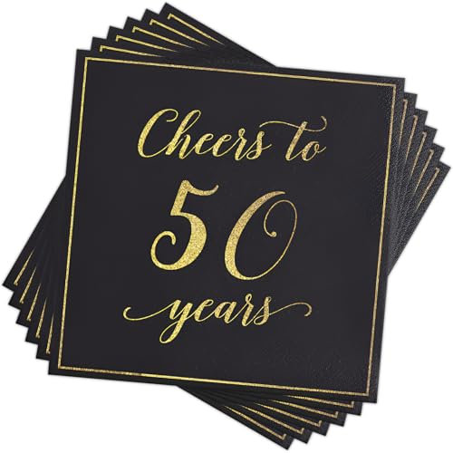 20pcs Cheers to 50 Years Black Gold Paper Napkins - Soft Cocktail & Dinner Serviettes for 50th Birthday, Anniversary, Graduate, Retire Party Decoration
