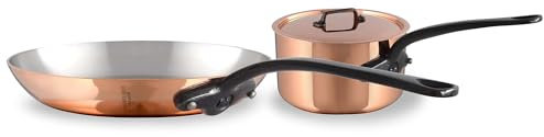 Mauviel M'Heritage 150 CI DeLuxe 3-teiliges Kochgeschirr-Set aus poliertem Kupfer und Edelstahl, 1,5 mm, mit Saucenpfanne mit Deckel, 1,8 l und Bratpfanne, 20 cm, Gusseisen-Griffe, hergestellt in