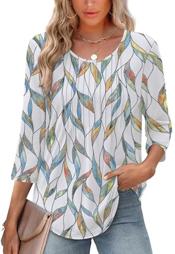 Aokosor Womens 3/4 Sleeve Tops for Women UK Scoop Neck Casual Pleated Tunic Loose Fit T Shirts Blouses Ladies Tops Size 14-16 F-Leaf L