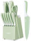 hecef Set de 14 Couteaux de Cuisine avec Bloc Aiguiseur, Revêtement Antiadhésif – Compatibles Lave-vaisselle, Manches Ergonomiques, Gain de Place, Idéal pour Cadeau ou Cuisine Moderne (Vert)