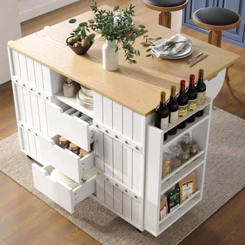 Zubaliya Desserte îlot de Cuisine sur roulettes, Meuble de Cuisine, Desserte avec veinure de Bois, Desserte de Cuisine avec Plans de Travail Rabattable et étagère à épices et Porte-Serviettes, Blanc
