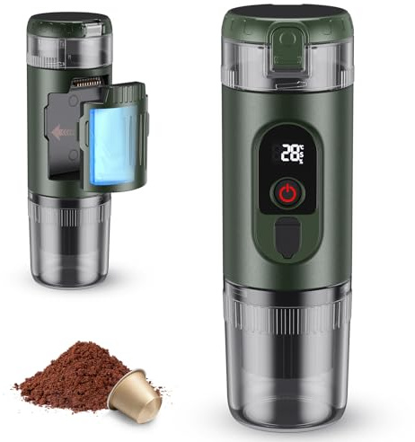 2-in-1 Tragbare Kaffeemaschine mit 7650 mAh Akku, 20 BAR Druck, Heiß-/Kalt-Extraktion, für Nespresso Kapseln & gemahlenen Kaffee, Tragbar für Büro, Reisen & Camping(Grün)